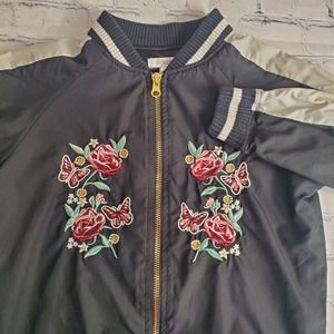 Fabkids Jacket Girls Size Medium Black Floral Embroidered Full Zip Lightweight 6